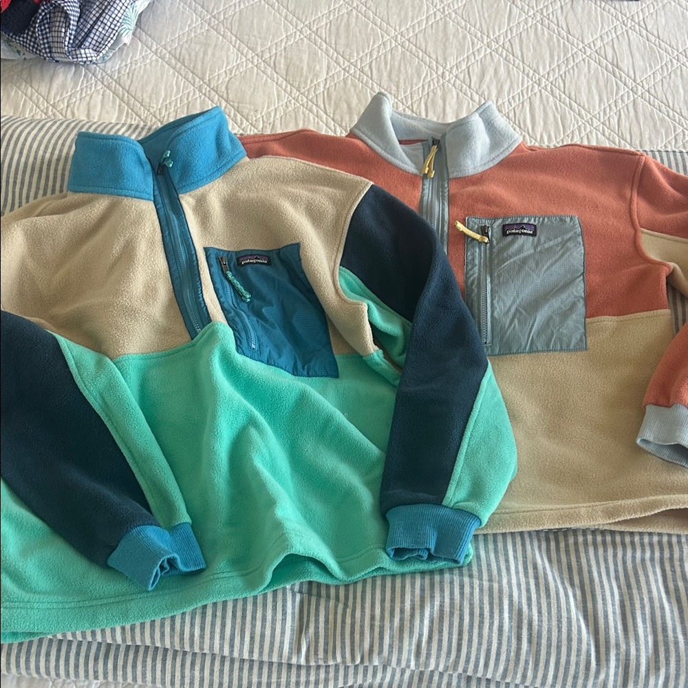 2 Patagonia Kids' Fleece Jackets in Teal, Salmon, Tan, and Navy